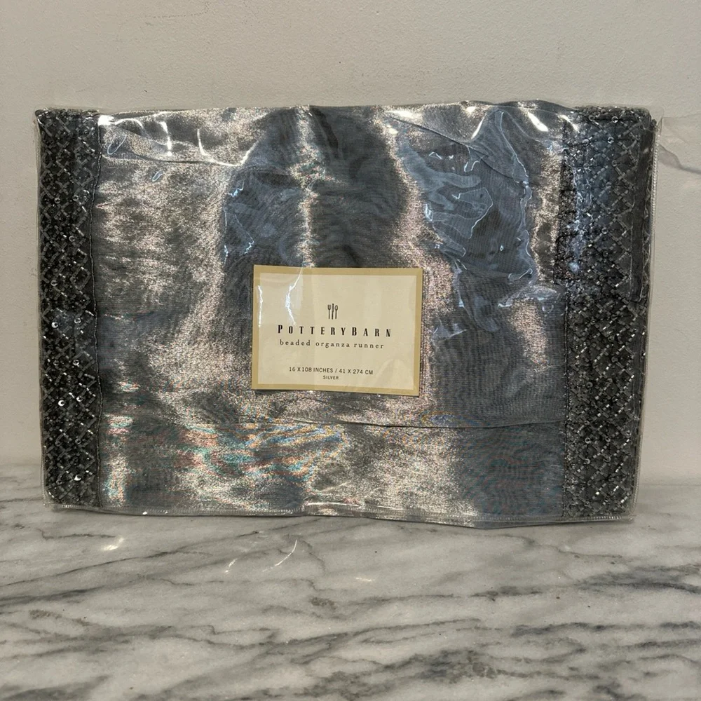 Pottery Barn Metallic Silver Table Runner NEW NIP